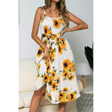 Sling Ruffled Sunflower Printed Button Dress