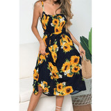 Sling Ruffled Sunflower Printed Button Dress