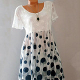 Casual Round Neck Patchwork Polka Dot Shift Dress