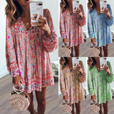 Bohemian Printed V-neck Mini Dress