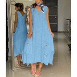 V-Neck Sleeveless Pocket Solid Color Dress