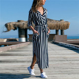 Printed V Neck Casual Long Sleeve Midi Dress