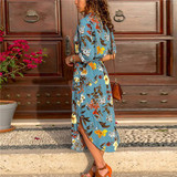 Printed V Neck Casual Long Sleeve Midi Dress
