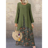 Vintage Print Patchwork Pocket Loose Maxi Dress
