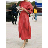 Women Round Neck 3/4 Sleeve Solid Color Daily Dresses