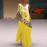 V Neck Printed Loose Irregular Sleeve Maxi Dress