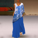 V Neck Printed Loose Irregular Sleeve Maxi Dress