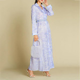 Elegant Print Long Sleeve Lapel Maxi Women Dress