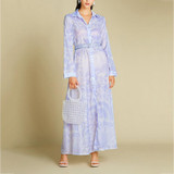 Elegant Print Long Sleeve Lapel Maxi Women Dress