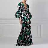 Vintage Printed V-Neck Fashion Maxi Dress