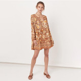 Print Lantern Sleeve V Neck Midi Bohemia Dresses