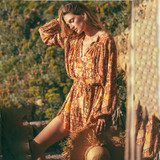 Print Lantern Sleeve V Neck Midi Bohemia Dresses