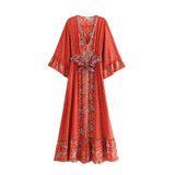 Boho Vintage Floral Print Kimono Sleeve Long Dress