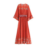 Boho Vintage Floral Print Kimono Sleeve Long Dress