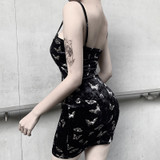 Women Gothic Spaghetti Strap Backless Off Shoulder Dresses Female Fashion Casual Print Sexy Dress Black Dress