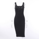 Fashion Knee-Length Dress Knitted Elastic Sleeveless Bodycon elegant Women Summer Sexy V-Neck Button Party Slim Dresses Fashion Knee-Length Dress Knitted Elastic Sleeveless Bodycon elegant Women Summer Sexy V-Neck Button Party Slim Dresses