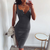 Fashion Knee-Length Dress Knitted Elastic Sleeveless Bodycon elegant Women Summer Sexy V-Neck Button Party Slim Dresses Fashion Knee-Length Dress Knitted Elastic Sleeveless Bodycon elegant Women Summer Sexy V-Neck Button Party Slim Dresses