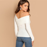 2020 Spring Autumn Women T-shirt Top White Asymmetrical Neck Solid Tee Rib-Knit Slim Fit Party Casual Pullover Long Sleeve Shirt