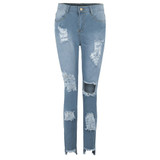 Women Denim Skinny Trousers High Waist Jeans Destroyed Knee Holes Pencil Pants Trousers Stretch Ripped Boyfriend Female