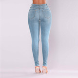 Women Denim Skinny Trousers High Waist Jeans Destroyed Knee Holes Pencil Pants Trousers Stretch Ripped Boyfriend Female