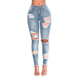 Women Denim Skinny Trousers High Waist Jeans Destroyed Knee Holes Pencil Pants Trousers Stretch Ripped Boyfriend Female