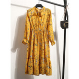 2020 Women Different Choose Casual Autumn Dress Lady Korean Style Vintage Floral Printed Chiffon Shirt Dress Winter Long Sleeve Bow Midi Dress Vestido