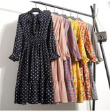 2020 Women Different Choose Casual Autumn Dress Lady Korean Style Vintage Floral Printed Chiffon Shirt Dress Winter Long Sleeve Bow Midi Dress Vestido
