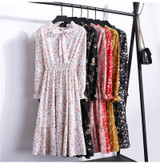 2020 Women Different Choose Casual Autumn Dress Lady Korean Style Vintage Floral Printed Chiffon Shirt Dress Winter Long Sleeve Bow Midi Dress Vestido