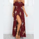 2020 Women Sexy floral Dress Summer Split  Maxi Beach Sundress Off Backless Dress Boho Long Dresses Vestidos Femme Party Long Dress
