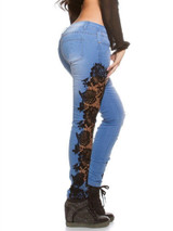 2020 Autumn Women Elegant Sexy Denim Pencil Skinny Jeans Female Fashion Plus Size Lace Floral Crochet Hollow-Out Jeans