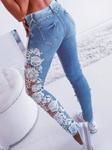 2020 Autumn Women Elegant Sexy Denim Pencil Skinny Jeans Female Fashion Plus Size Lace Floral Crochet Hollow-Out Jeans