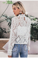 2019 white lace blouse shirt Sexy hollow out embroidery feminine blouse Women long lantern sleeve