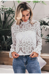 2019 white lace blouse shirt Sexy hollow out embroidery feminine blouse Women long lantern sleeve