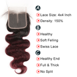 Ombre 1B/99J Body Wave 3 Bundles With Closure 4x4 pre Colored 100% virgin human hair