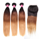 Peruvian Ombre 1b/4/27 Straight 3 Bundles with 4X4 lace Closure Human Hair