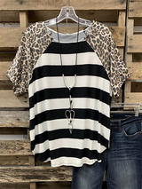 Fashionlinna Hot Sale Black Short Sleeve Cotton-Blend Leopard Tops