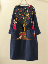 Corduroy Vintage Print Patchwork Pockets Plus Size Dress-Navy