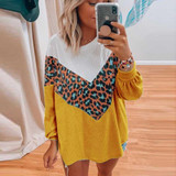 Casual Leopard Patchwork Knitted Jumpers Long Sleeve Pullovers Sweaters