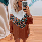 Casual Leopard Patchwork Knitted Jumpers Long Sleeve Pullovers Sweaters