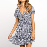 Women 2020 Deep V Neck Floral Print Ruffle Boho Short Sleeve A Line Mini Dress