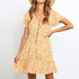 Women 2020 Deep V Neck Floral Print Ruffle Boho Short Sleeve A Line Mini Dress