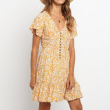 Women 2020 Deep V Neck Floral Print Ruffle Boho Short Sleeve A Line Mini Dress