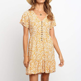 Women 2020 Deep V Neck Floral Print Ruffle Boho Short Sleeve A Line Mini Dress