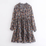 Boho Floral Print Dress Women Lantern Long Sleeve Pleated Dresses