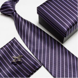 Purple Strip #5 NeckTie Set for Man (Necktie, Cufflinks & Handkerchief) in  Gift Box