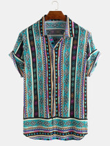 Mens Ethnic Style Pattern Printed Summer Loose Casual Shirts