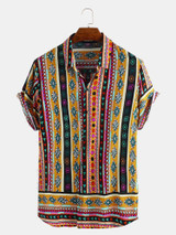Mens Ethnic Style Pattern Printed Summer Loose Casual Shirts