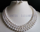 3 Rows 8mm white south sea shell pearl necklace Earrings 17-19" LL008