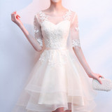 Elegant High Low Champagne Bridesmaid Dress 2018 Sexy Lace Backless Tulle Lace Up Formal Wedding Party Dress Plus Size Dresses