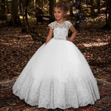 New Flower Girl Dresses Beading Sash Ball Gowns Lace Appliques Floor Length Flower Girls Princess Elegant Wedding Pageant Dresse